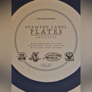 England Williams-Sonoma Blue Rim Stamped Plates - Set of Four Vintage Food Marks